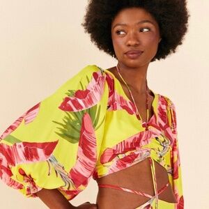 Farm Rio silky halter top crop top with beaded tassels size medium